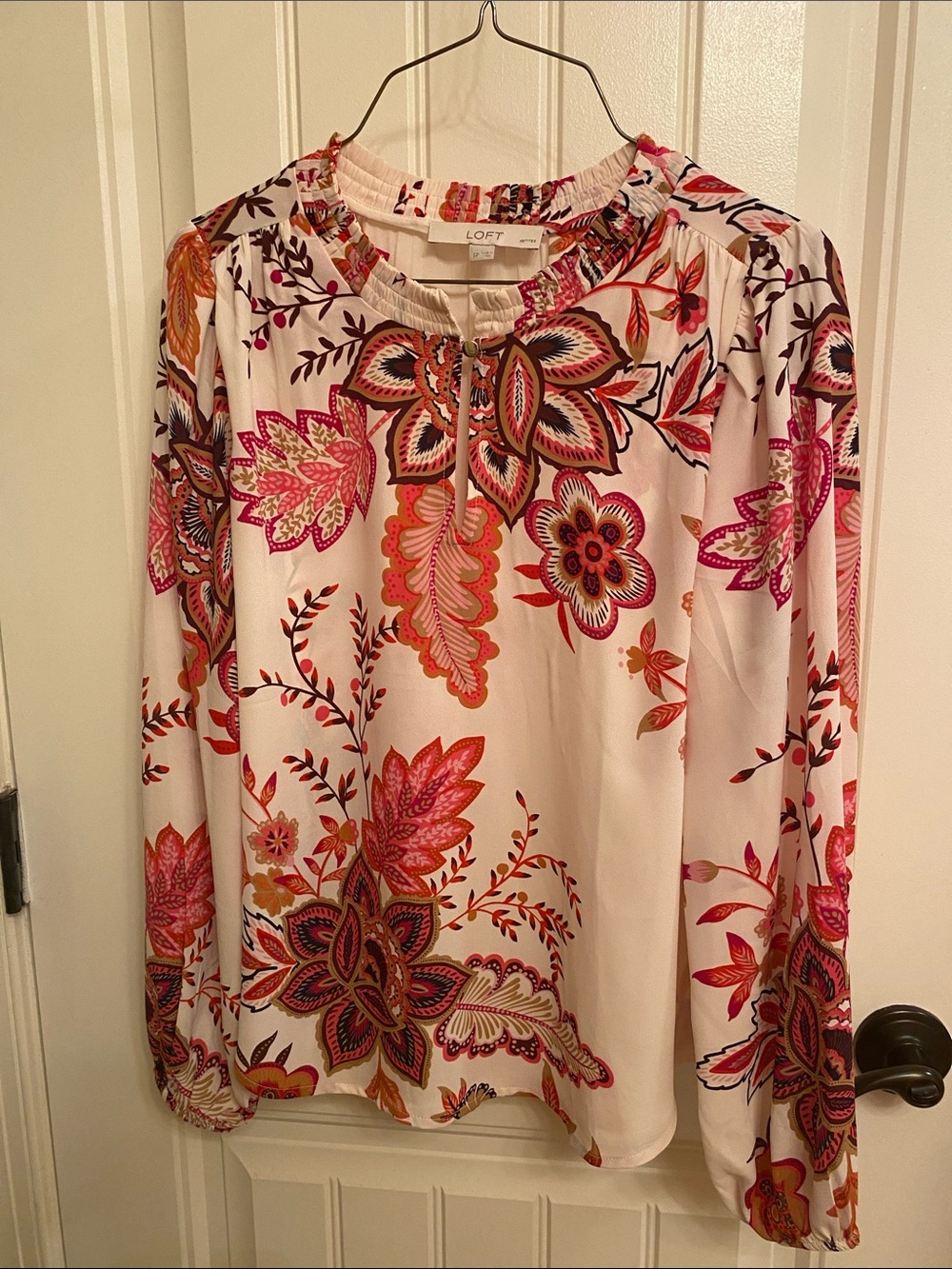 LOFT Cream Floral Paisley Peasant Blouse with Pink & Orange Accents